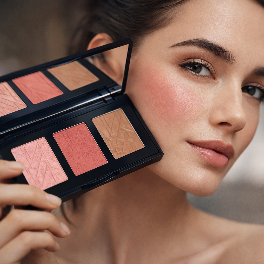 Woman holding a makeup palette with blush colors near her face