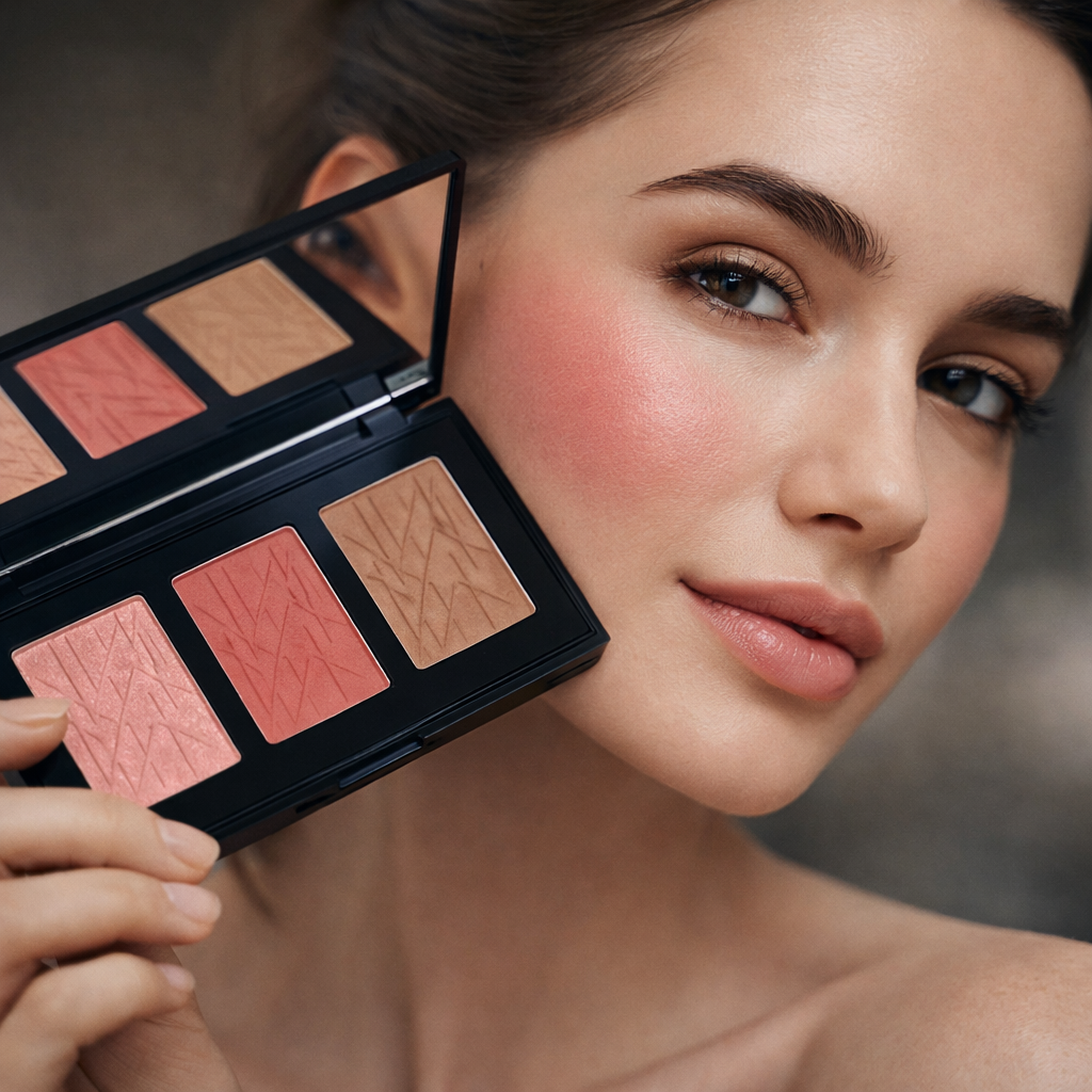 Woman holding a makeup palette with blush and bronzer shades